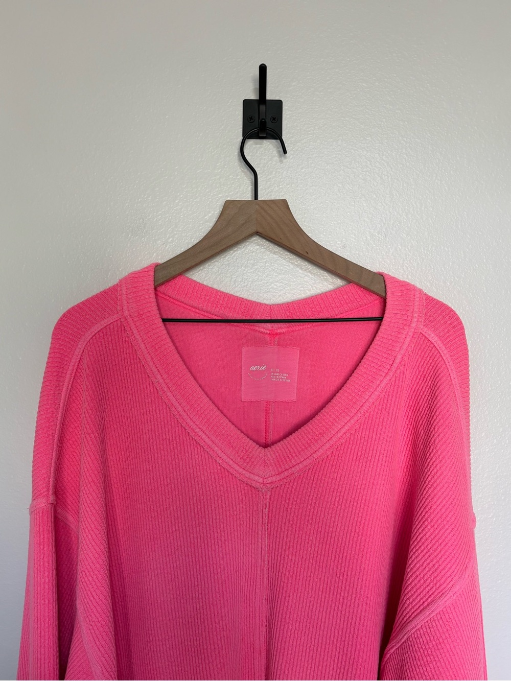 Aerie Wonder Oversized Textured Knit V-Neck Slouchy Sweatshirt Lounge Pink XL - Picture 3 of 7